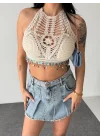 Kadın Ekru Ajurlu Kroşe Örgü Boncuk Detaylı Sırt Dekolteli Pinterest Crop Top