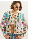 Kadın Bej Pinterest Suzani Renkli Nakışlı Fisto Kenarlı Pinterest Keten Bomber Ceket