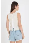 Kadın Ekru Nakışlı Lazer Kesim Fisto Kenarlı Kolsuz Pinterest Keten Bluz