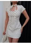 Kadın Beyaz Puantiyeli Pinterest Göğüs Dekolteli Şortlu Mini Elbise