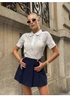 Kadın Beyaz Transparan Dantel Polo Yaka Kısa Kollu Bluz