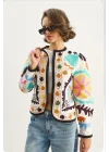 Kadın Ekru Pinterest Suzani Renkli Nakış İşlemeli Bomber Ceket
