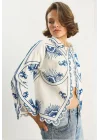 Kadın Ekru Saks Mavi Göz Nakışlı Lazer Kesim Fisto Kenarlı Keten Ceket