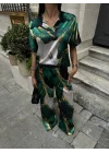 Kadın Zümrüt Yeşil Mermer Desenli Saten Gömlek Pantolon İkili Takım