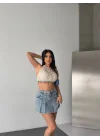 Kadın Ekru Ajurlu Kroşe Örgü Boncuk Detaylı Sırt Dekolteli Pinterest Crop Top