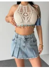 Kadın Ekru Ajurlu Kroşe Örgü Boncuk Detaylı Sırt Dekolteli Pinterest Crop Top