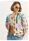 Kadın Bej Pinterest Suzani Renkli Nakışlı Fisto Kenarlı Pinterest Keten Bomber Ceket