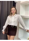 Kadın Beyaz Yaka Kuş Nakışlı Fırfır Detaylı Uzun Kollu Keten Gömlek
