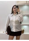 Kadın Beyaz Yaka Kuş Nakışlı Fırfır Detaylı Uzun Kollu Keten Gömlek