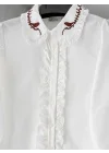Kadın Beyaz Yaka Kuş Nakışlı Fırfır Detaylı Uzun Kollu Keten Gömlek
