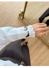 Kadın Beyaz Yaka Kuş Nakışlı Fırfır Detaylı Uzun Kollu Keten Gömlek