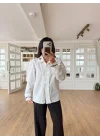 Kadın Beyaz Yaka Kuş Nakışlı Fırfır Detaylı Uzun Kollu Keten Gömlek
