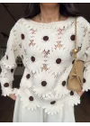 Kadın Ekru Papatya Nakışlı Lazer Kesim Ajurlu Uzun Kollu Bohem Bluz