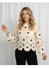 Kadın Ekru Papatya Nakışlı Lazer Kesim Ajurlu Uzun Kollu Bohem Bluz