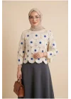 Kadın Ekru Saks Mavi Papatya Nakışlı Lazer Kesim Ajurlu Bohem Bluz