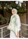 Kadın Açık Yeşil Ebruli Desenli Çerçeveli Pamuklu Soft Mevsimlik Tesettür Şal