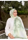 Kadın Açık Yeşil Ebruli Desenli Çerçeveli Pamuklu Soft Mevsimlik Tesettür Şal