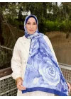 Mavi Sulu Boya Çiçek Desenli Yumuşak Dokulu Pamuklu Bambu Şal