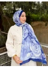 Mavi Sulu Boya Çiçek Desenli Yumuşak Dokulu Pamuklu Bambu Şal