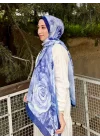 Mavi Sulu Boya Çiçek Desenli Yumuşak Dokulu Pamuklu Bambu Şal