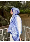 Mavi Sulu Boya Çiçek Desenli Yumuşak Dokulu Pamuklu Bambu Şal