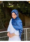 Kadın Mavi Lacivert Zikzak Desenli Yumuşak Dokulu Pamuklu Bambu Şal