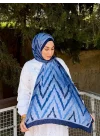 Kadın Mavi Lacivert Zikzak Desenli Yumuşak Dokulu Pamuklu Bambu Şal