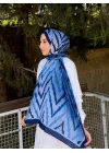 Kadın Mavi Lacivert Zikzak Desenli Yumuşak Dokulu Pamuklu Bambu Şal