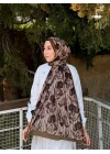 Kadın Koyu Kahve Floral Desenli Yumuşak Dokulu Pamuklu Bambu Şal
