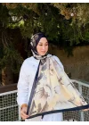 Kadın Siyah Krem Büyük Çiçek ve Yaprak Desenli Yumuşak Dokulu Pamuklu Soft Şal