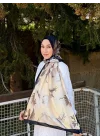 Kadın Siyah Krem Büyük Çiçek ve Yaprak Desenli Yumuşak Dokulu Pamuklu Soft Şal