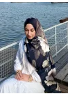 Kadın Siyah Krem Büyük Çiçek ve Yaprak Desenli Yumuşak Dokulu Pamuklu Soft Şal