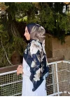 Kadın Siyah Krem Büyük Çiçek ve Yaprak Desenli Yumuşak Dokulu Pamuklu Soft Şal