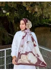 Kadın Kahve Krem Çiçek Desenli Yumuşak Dokulu Pamuklu Bambu Şal