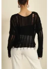 Kadın Siyah Ajurlu Pamuklu Püsküllü Salaş Örme Triko Bluz