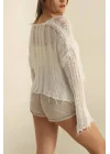 Kadın Ekru Ajurlu Pamuklu Püsküllü Salaş Örme Triko Bluz