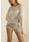 Kadın Ekru Ajurlu Pamuklu Püsküllü Salaş Örme Triko Bluz