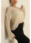Kadın Bej Ajurlu Pamuklu Püsküllü Salaş Örme Triko Bluz