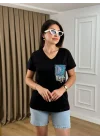 Kadın Siyah V Yaka Denim Cep Detaylı Payetli ve Püsküllü Pamuklu Tişört