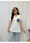 Kadın Beyaz V Yaka Denim Cep Detaylı Payetli ve Püsküllü Pamuklu Tişört