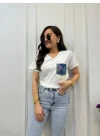 Kadın Beyaz V Yaka Denim Cep Detaylı Payetli ve Püsküllü Pamuklu Tişört
