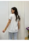 Kadın Beyaz V Yaka Denim Cep Detaylı Payetli ve Püsküllü Pamuklu Tişört
