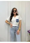 Kadın Beyaz V Yaka Denim Cep Detaylı Payetli ve Püsküllü Pamuklu Tişört