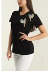 Kadın Siyah V Yaka Kuş Nakışlı Payet İşlemeli %100 Pamuklu Tişört