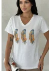 Kadın Beyaz V Yaka Üçlü Tüy Desenli ve Parıltı Detaylı Pamuklu Tişört