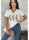 Kadın Beyaz V Yaka Üçlü Tüy Desenli ve Parıltı Detaylı Pamuklu Tişört