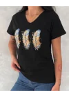 Kadın Siyah V Yaka Üçlü Tüy Desenli ve Parıltı Detaylı Pamuklu Tişört