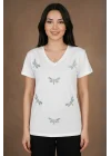Kadın Beyaz V Yaka Yusufçuk Boncuk İşlemeli ve Kabartma Nakışlı Pamuklu Tişört