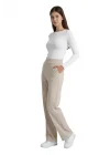 Kadın Bej Yüksek Bel Çimalı Dökümlü Krep Pantolon Esnek Geniş Paça