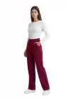 Kadın Bordo Yüksek Bel Çimalı Dökümlü Krep Pantolon Esnek Geniş Paça